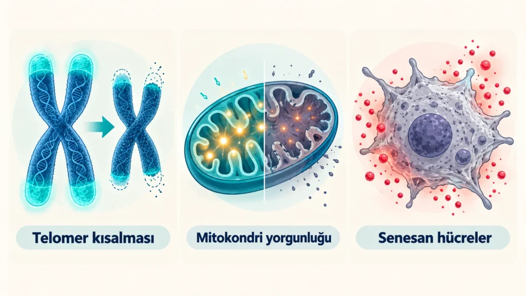 Yaşlanmayı yavaşlatan takviyelerin hedeflediği telomer, mitokondri ve senesan hücre mekanizmalarını gösteren illüstrasyon