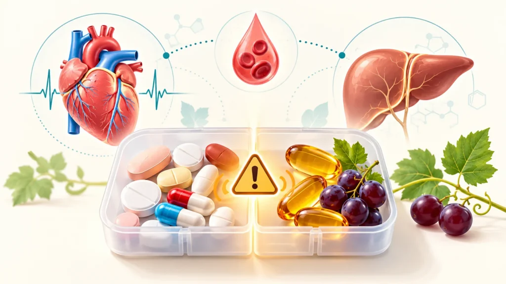 Resveratrol takviyesi kapsülleri ile kan sulandırıcı ve kalp ilaçları arasında olası etkileşimi gösteren uyarı infografiği