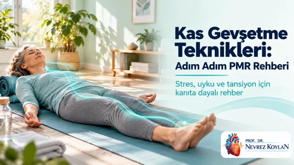 Kas gevşetme teknikleri kapak görseli: yoga matında gözleri kapalı uzanarak progresif kas gevşetme uygulayan kadın, başlık ve Prof. Dr. Nevrez Koylan logosu