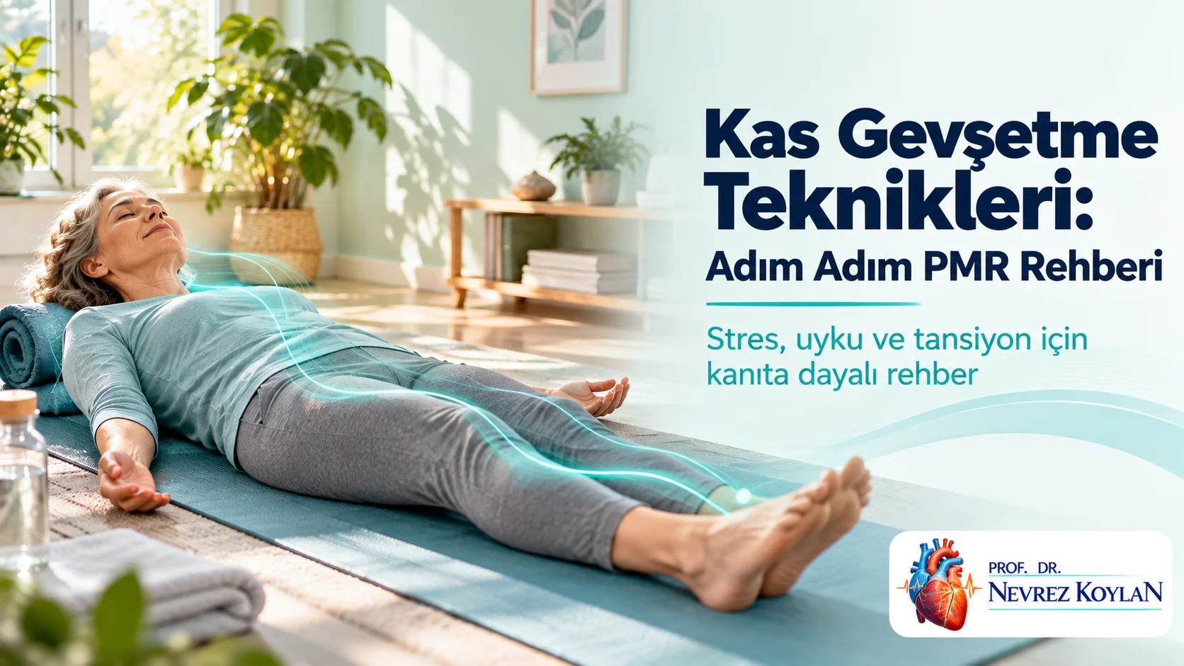 Kas gevşetme teknikleri kapak görseli: yoga matında gözleri kapalı uzanarak progresif kas gevşetme uygulayan kadın, başlık ve Prof. Dr. Nevrez Koylan logosu