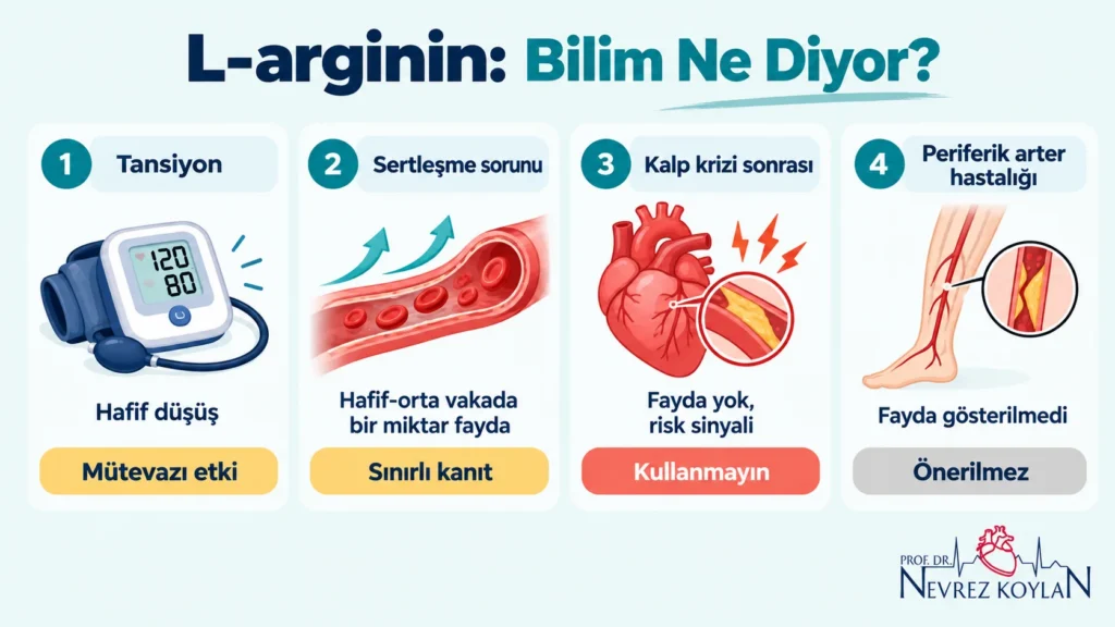 L-argininin tansiyon, sertleşme sorunu, kalp krizi sonrası ve periferik arter hastalığındaki etkisini özetleyen kanıt haritası infografiği