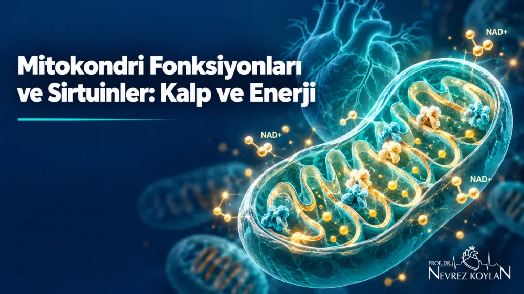 Mitokondri fonksiyonları ve sirtuinler kapak görseli: kalp silueti önünde enerji üreten mitokondri ve Prof. Dr. Nevrez Koylan logosu