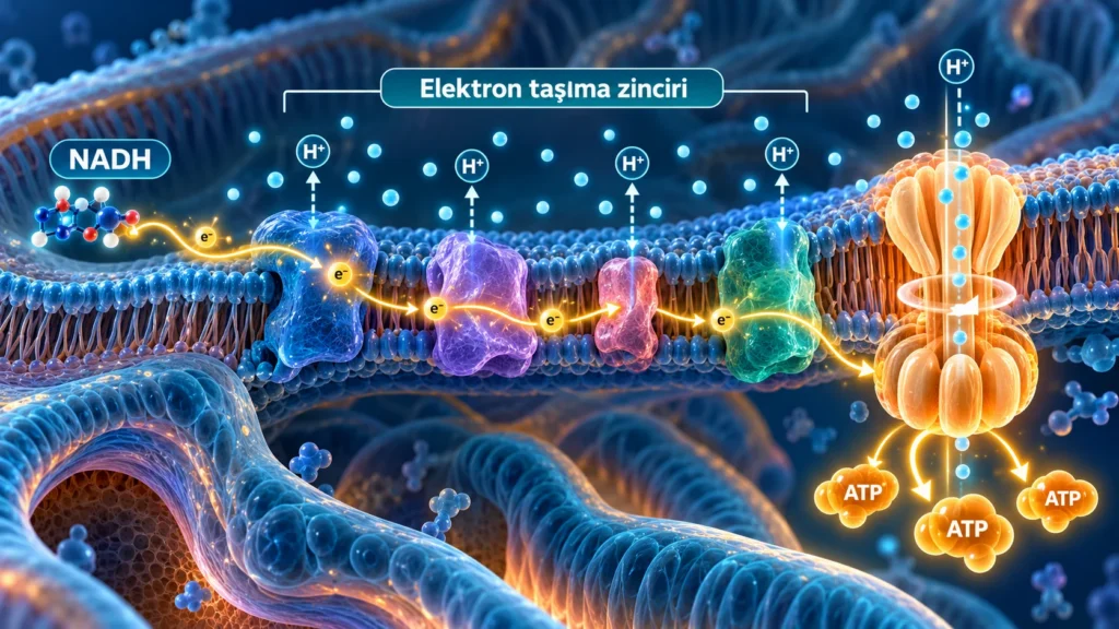 NADH'nin elektronlarını mitokondrideki elektron taşıma zincirine aktararak ATP ürettiğini gösteren illüstrasyon
