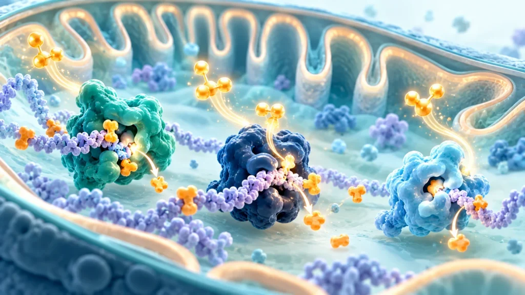 Mitokondri içinde NAD+ kullanarak proteinlerden asetil etiketlerini söken SIRT3, SIRT4 ve SIRT5 enzimlerinin şematik gösterimi