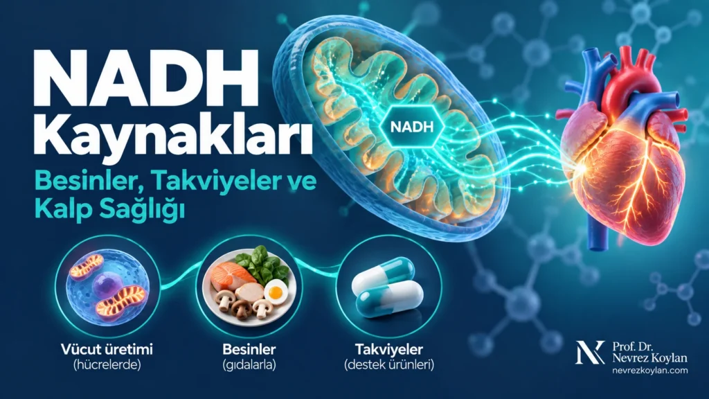 NADH kaynakları: vücut, besinler ve takviyeleri gösteren kardiyoloji temalı kapak görseli