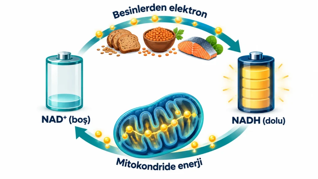 NAD⁺ ve NADH döngüsü: besinlerden elektron alan NAD⁺'nin NADH'ye dönüşüp mitokondride yeniden NAD⁺ olması