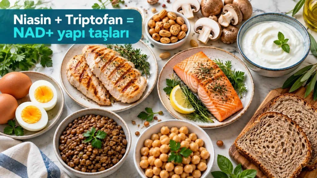 NAD+ ve NADH yapımı için niasin ve triptofan içeren tavuk, balık, yumurta, mantar ve baklagiller