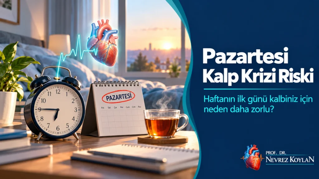Pazartesi kalp krizi riski başlıklı kapak görseli: sabah 06.45'i gösteren çalar saat, pazartesi işaretli takvim ve EKG çizgili kalp ile Prof. Dr. Nevrez Koylan logosu