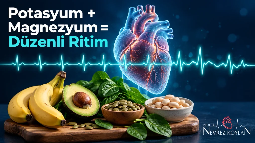 Magnezyum ve potasyumun kalp ritmine etkisi: EKG çizgisiyle çevrili kalp ve muz, avokado, kabak çekirdeği, ıspanak gibi besinler