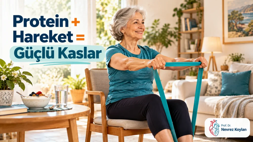 Sarkopeniyi önlemek için protein alımını direnç bandı egzersiziyle birleştiren yaşlı kadın