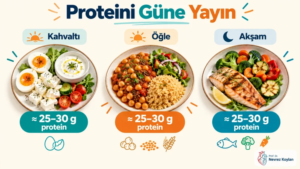 Yaşlılarda öğün başına protein dağılımını gösteren kahvaltı, öğle ve akşam yemeği tabakları infografiği