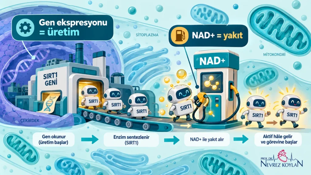 Sirtuin gen ekspresyonu ile NAD+ ilişkisini anlatan fabrika ve yakıt istasyonu illüstrasyonu