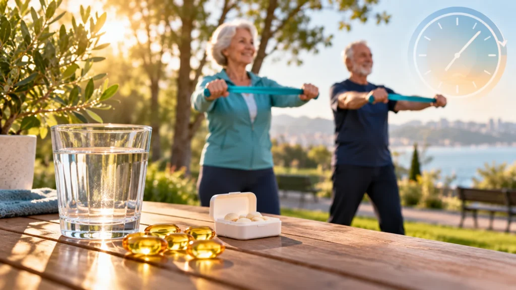 omega-3-d-vitamini-biyolojik-yaslanma.webp Alt text: Omega-3 kapsülleri, D vitamini ve egzersiz yapan yaşlı bir çift ile biyolojik yaşlanma kavramı
