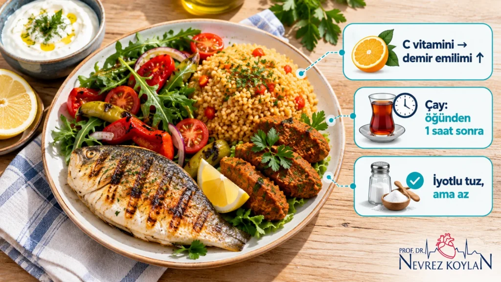 Besleyici eksikliklerini önlemek için dengeli tabak: sebze, tam tahıl, baklagil, protein ve demir emilimini artıran limon