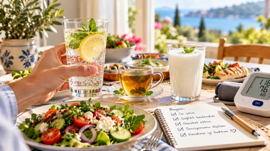 Alkolü azaltmak için alkolsüz alternatifler: limonlu maden suyu, bitki çayı ve ayran ile bir tansiyon aleti