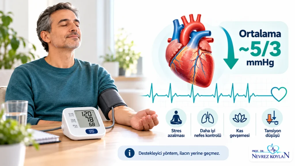 Kas gevşetme tekniklerinin tansiyona etkisini anlatan illüstrasyon: tansiyon aleti, sakin oturan erkek ve düzenli EKG çizgisi