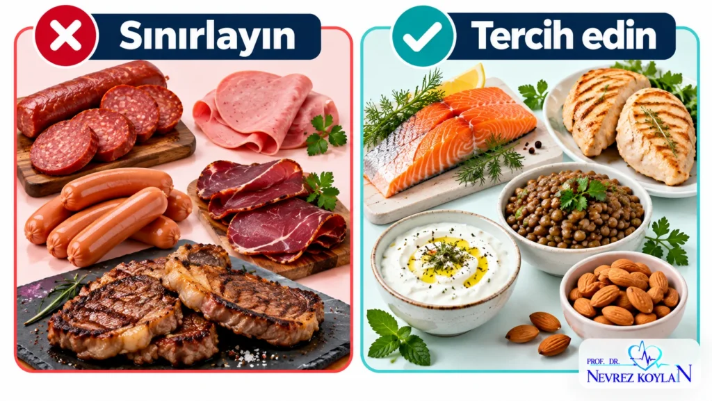 Sınırlanması gereken işlenmiş et ürünleri ile tercih edilmesi gereken kalp dostu protein kaynaklarının karşılaştırması