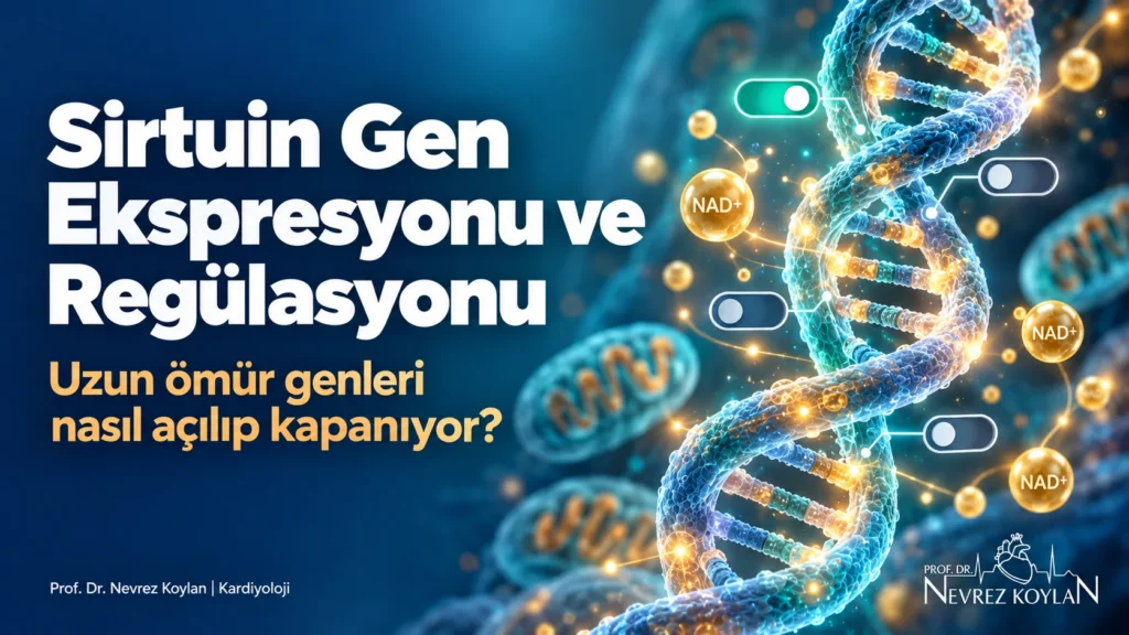 Sirtuin gen ekspresyonu ve regülasyonu yazısının kapağı: DNA sarmalı üzerinde açma-kapama anahtarları ve NAD+ enerji parçacıkları