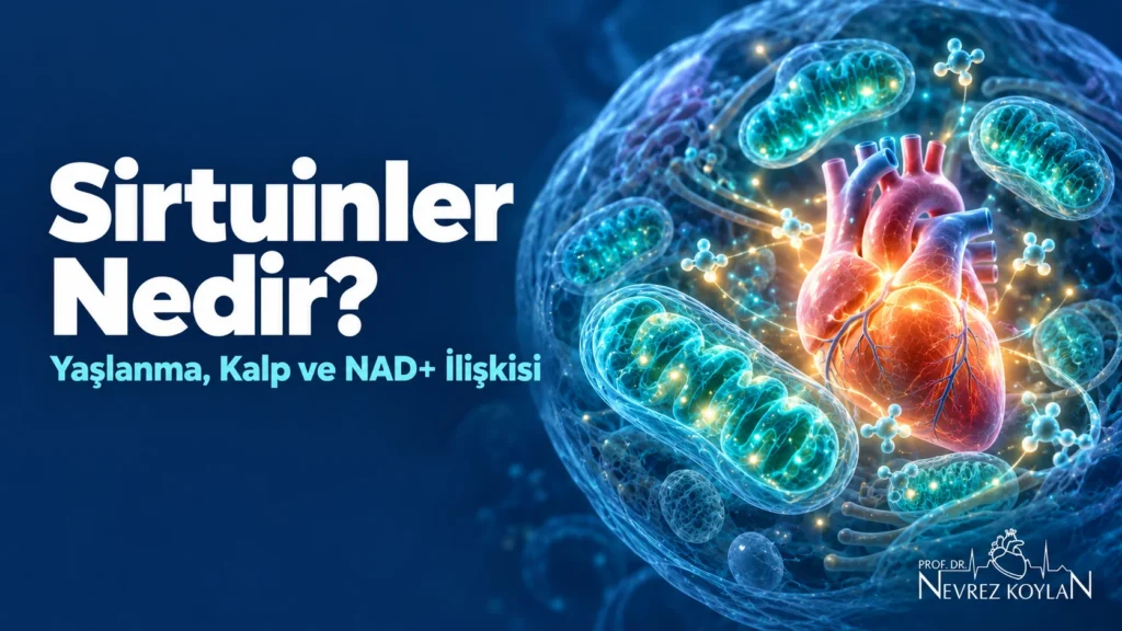 Sirtuinler nedir: hücre içinde NAD+ ile çalışan sirtuin proteinleri ve sağlıklı kalp illüstrasyonu
