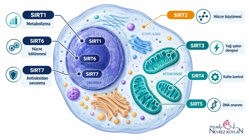 Sirtuin ailesi SIRT1–SIRT7'nin hücre çekirdeği, sitoplazma ve mitokondrideki yerleşimini gösteren infografik