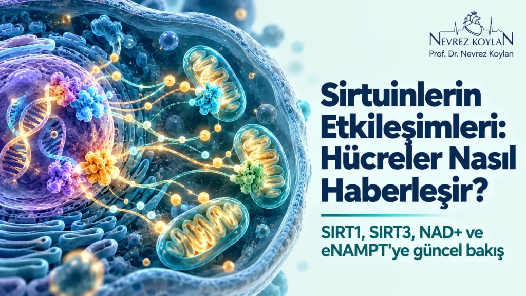 Sirtuinlerin etkileşimleri: çekirdek ve mitokondri arasında haberleşen yedi sirtuin enzimini gösteren kapak illüstrasyonu