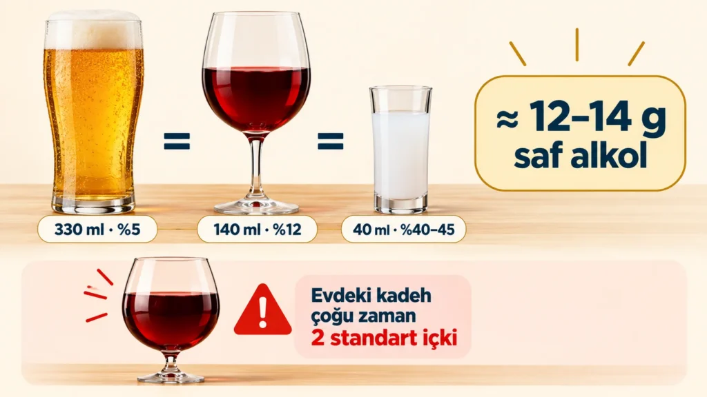 Bir standart içkiye denk gelen miktarlar: 330 ml bira, 140 ml şarap ve 40 ml rakı yaklaşık 12–14 gram alkol içerir