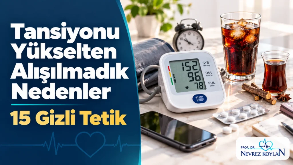 Tansiyonu yükselten alışılmadık nedenler kapak görseli: 152/96 gösteren tansiyon aleti, kola, ağrı kesici ve meyan şerbeti, Prof. Dr. Nevrez Koylan logosu