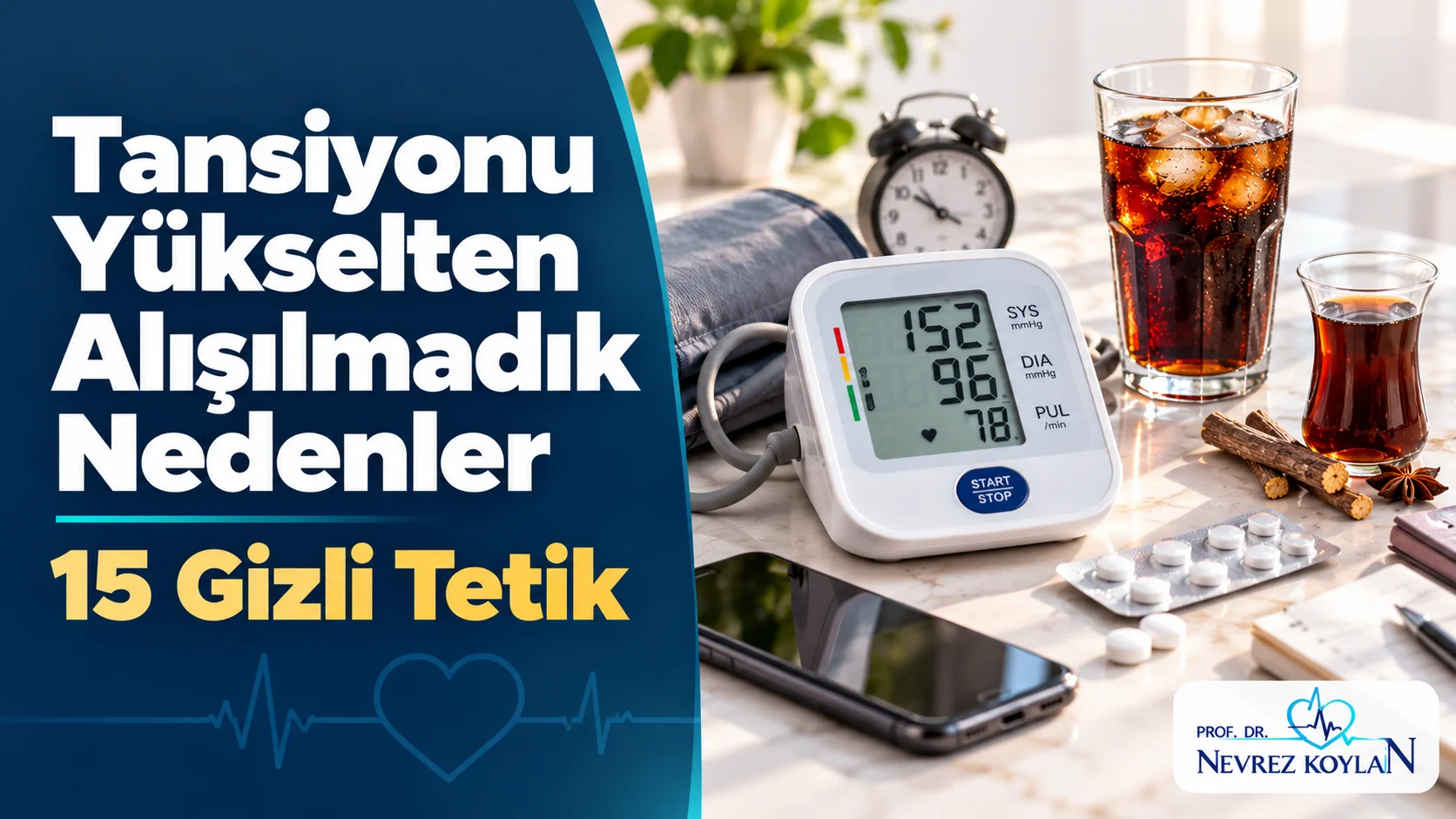 Tansiyonu yükselten alışılmadık nedenler kapak görseli: 152/96 gösteren tansiyon aleti, kola, ağrı kesici ve meyan şerbeti, Prof. Dr. Nevrez Koylan logosu
