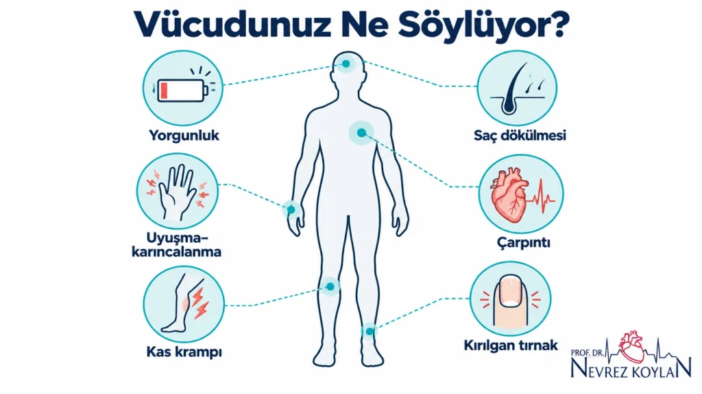 esleyici eksikliği belirtileri infografiği: yorgunluk, uyuşma, kas krampı, çarpıntı, kırılgan tırnak ve saç dökülmesi ikonları