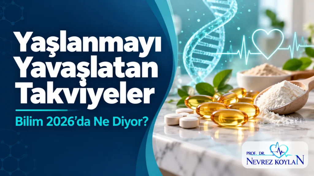 Yaşlanmayı yavaşlatan takviyeler kapak görseli: omega-3 ve D vitamini kapsülleri, DNA sarmalı ve kalp ikonu ile Prof. Dr. Nevrez Koylan logosu
