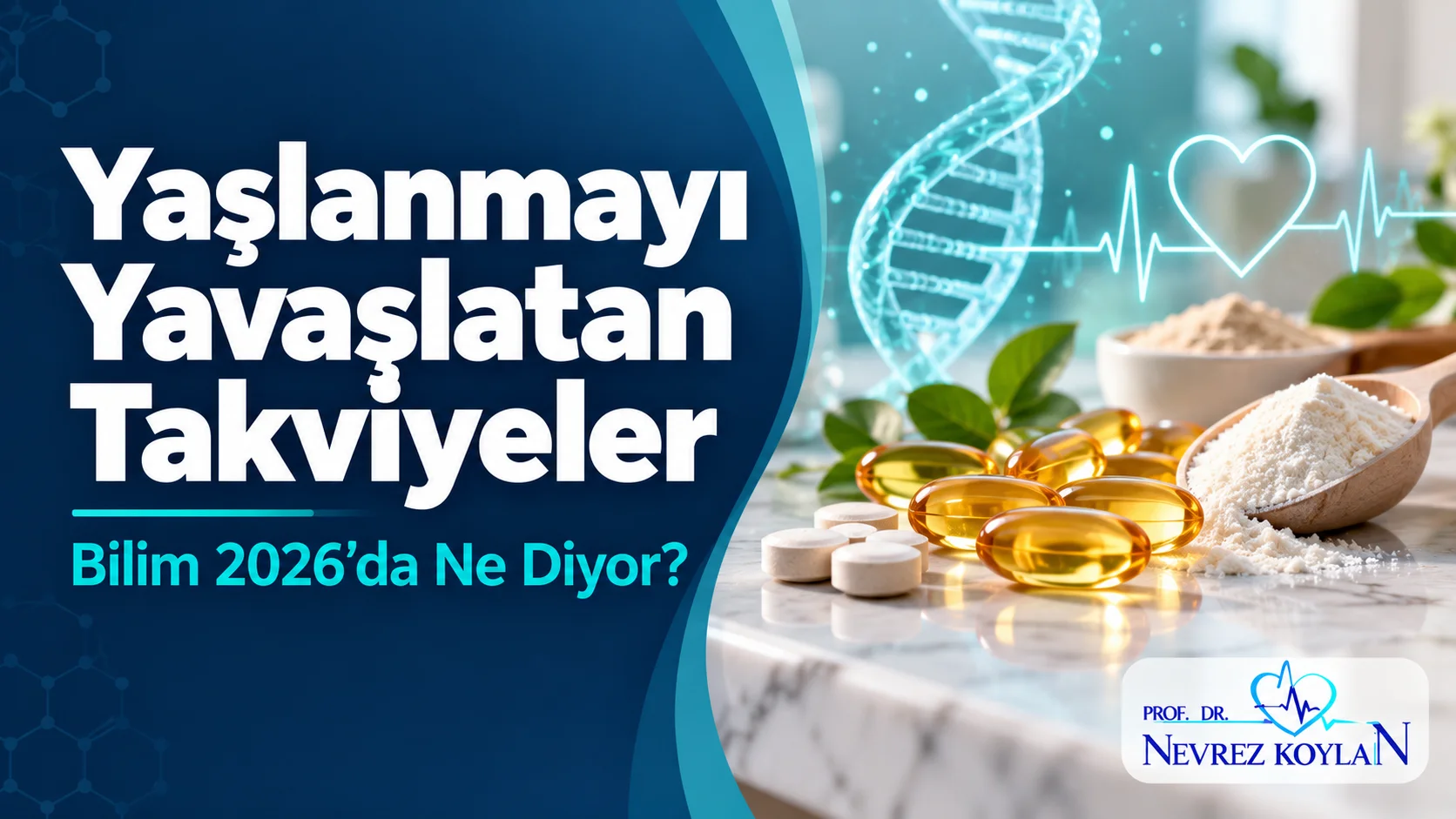 Yaşlanmayı yavaşlatan takviyeler kapak görseli: omega-3 ve D vitamini kapsülleri, DNA sarmalı ve kalp ikonu ile Prof. Dr. Nevrez Koylan logosu