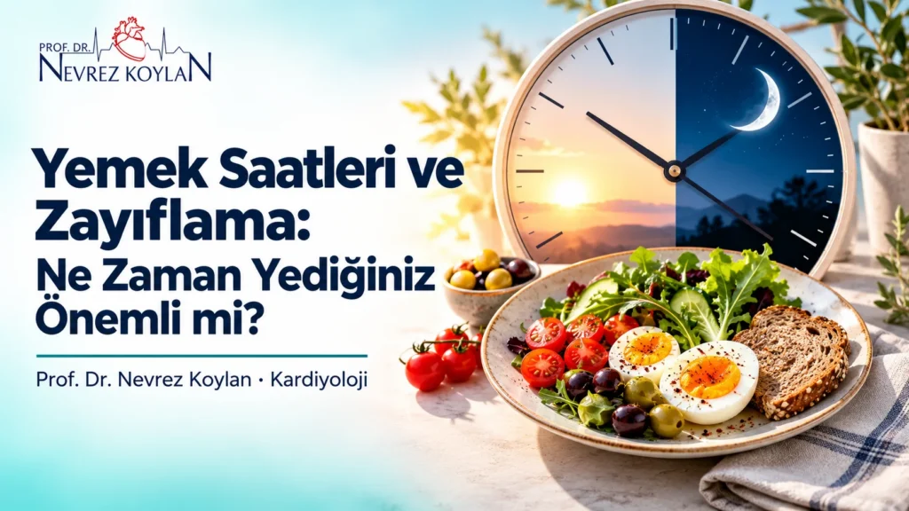 Yemek saatleri ve zayıflama: saat ve sağlıklı tabakla öğün zamanlamasını anlatan kapak görseli – Prof. Dr. Nevrez Koylan