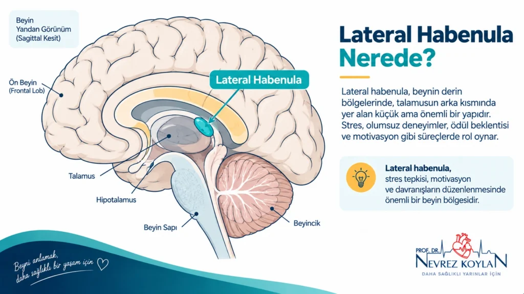 Beyinde lateral habenula bölgesini gösteren, stres ve aşırı yeme mekanizmasını açıklayan basit diyagram