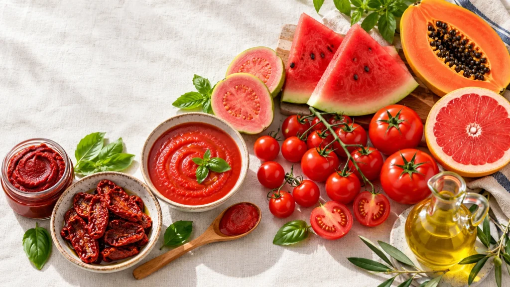 Likopen içeren besinler: domates salçası, kurutulmuş domates, domates püresi, guava, karpuz, taze domates, papaya ve pembe greyfurt
