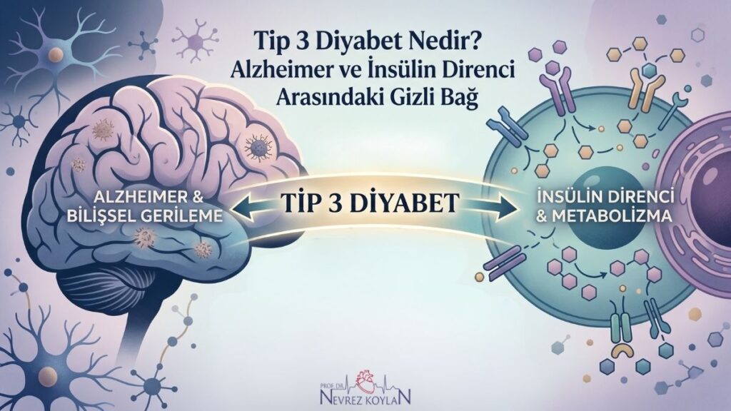 Tip 3 diyabet kavramını açıklayan görsel; bir yanda Alzheimer ile etkilenmiş insan beyni, diğer yanda hücresel düzeyde insülin direnci ve metabolik bozukluk şeması yer alıyor.