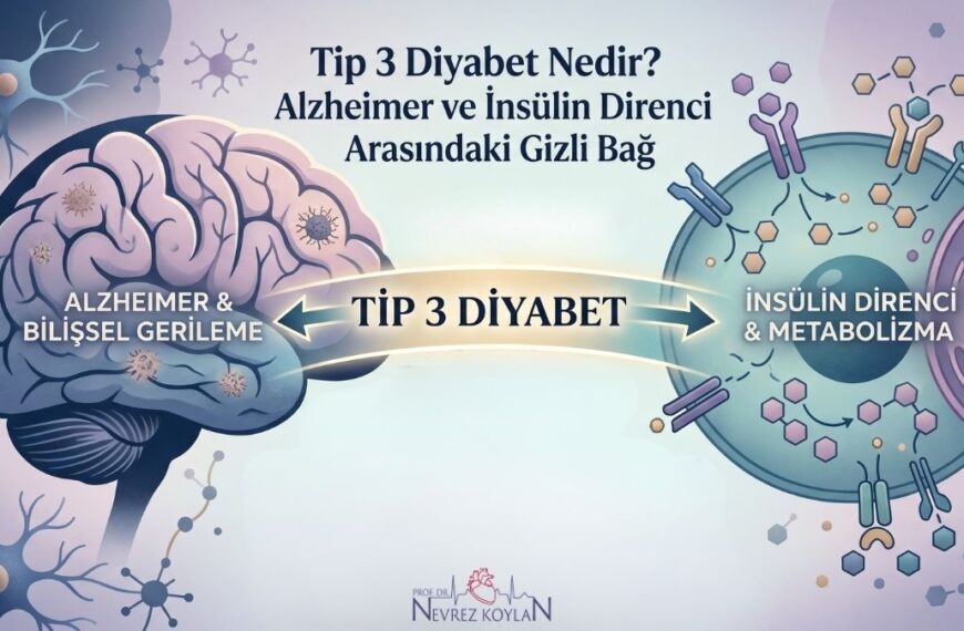 Tip 3 diyabet kavramını açıklayan görsel; bir yanda Alzheimer ile etkilenmiş insan beyni, diğer yanda hücresel düzeyde insülin direnci ve metabolik bozukluk şeması yer alıyor.