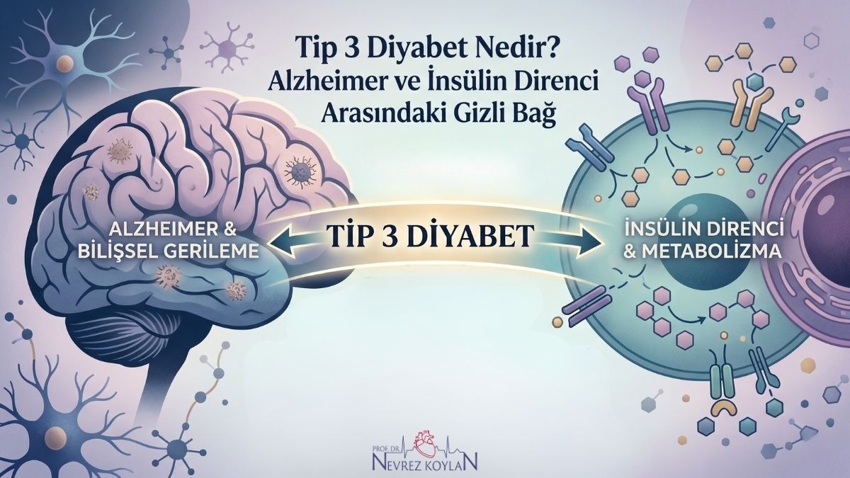Tip 3 diyabet kavramını açıklayan görsel; bir yanda Alzheimer ile etkilenmiş insan beyni, diğer yanda hücresel düzeyde insülin direnci ve metabolik bozukluk şeması yer alıyor.