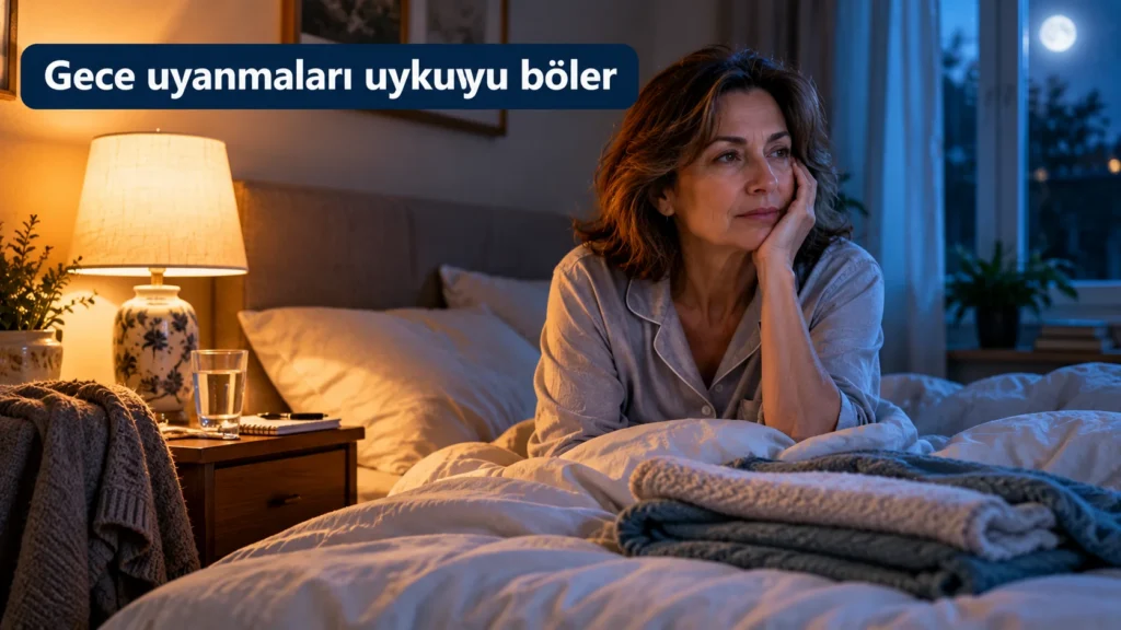 Gece üşüme nöbeti sonrası uyanmış kadın, yatakta katmanlı ince örtüler ve komodinde hırka ile nöbet günlüğü