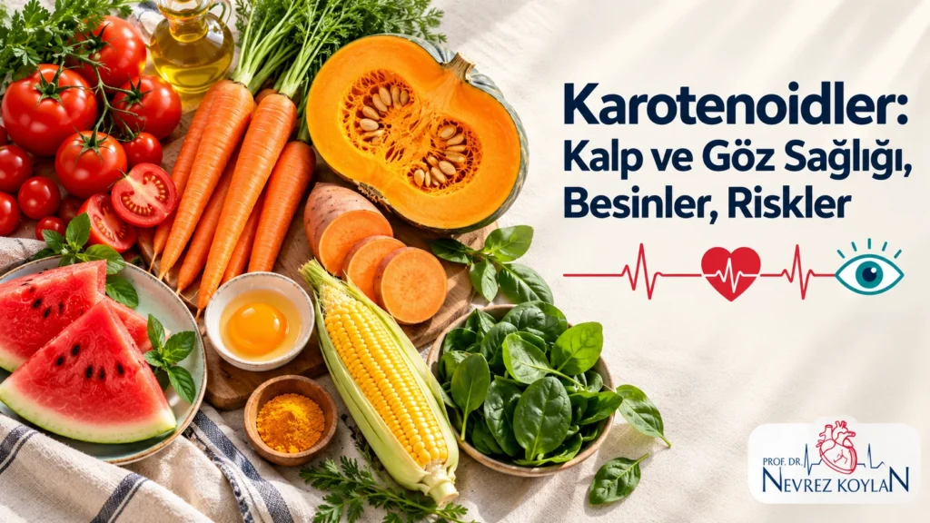 Karotenoidler kapak görseli: havuç, domates, ıspanak, balkabağı ve mısırdan oluşan renkli sebze kompozisyonu, EKG çizgili kalp ikonu ve Prof. Dr. Nevrez Koylan logosu