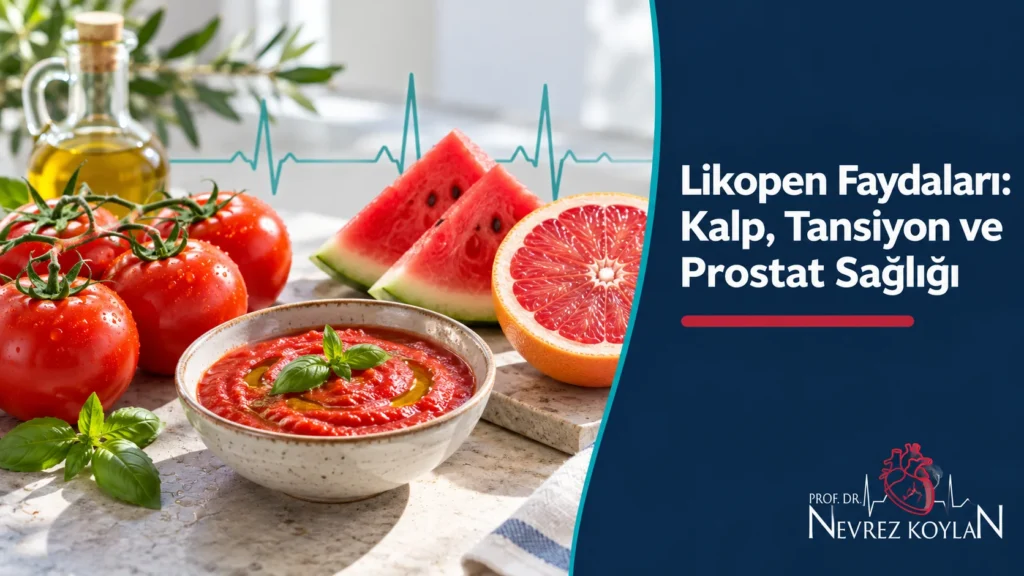 Likopen faydaları başlıklı kapak görseli: domates, zeytinyağlı domates sosu, karpuz ve pembe greyfurt ile EKG çizgisi ve Prof. Dr. Nevrez Koylan logosu