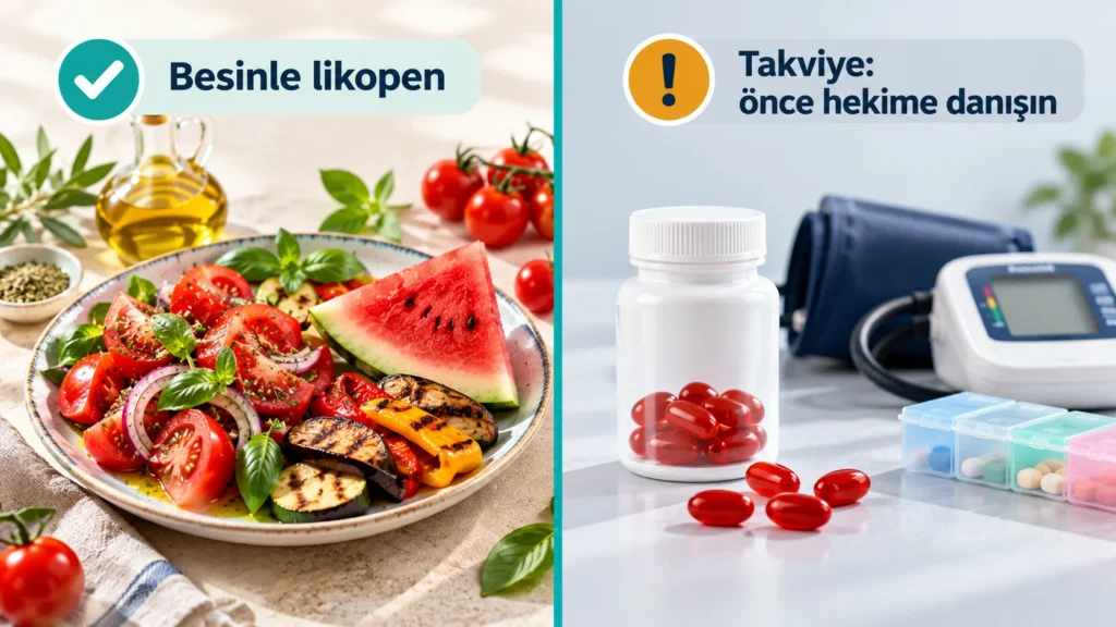 Besinlerden alınan likopen ile likopen takviyesinin karşılaştırması; takviye kullanmadan önce hekime danışma uyarısı