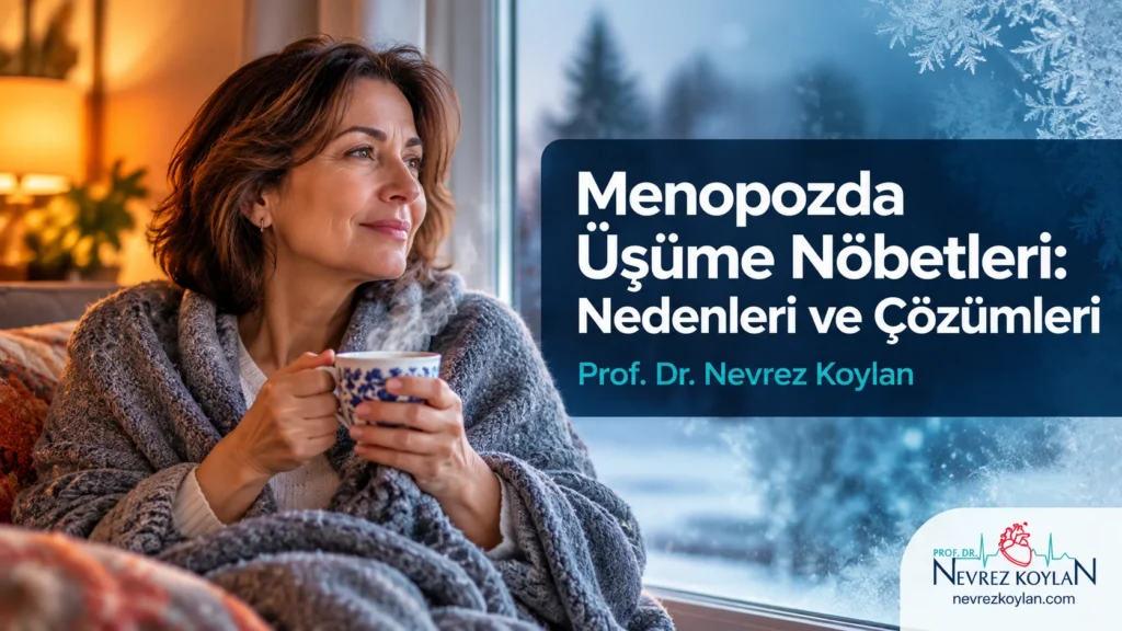 Menopozda üşüme nöbetleri yaşayan, omuzlarına hırka almış ve elinde sıcak çay tutan orta yaşlı kadın; Prof. Dr. Nevrez Koylan blog kapağı