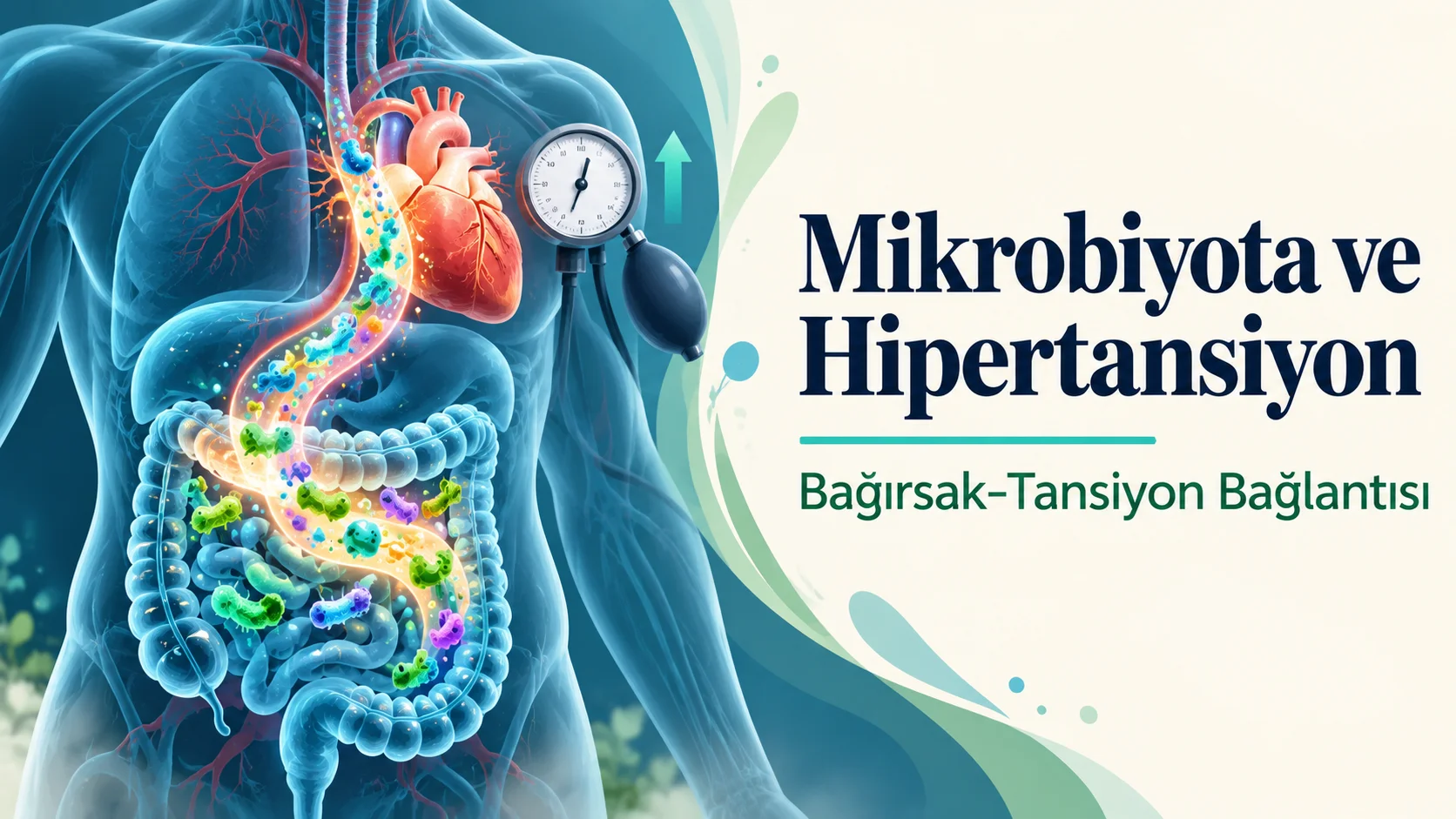 Mikrobiyota ve hipertansiyon ilişkisini gösteren, bağırsak bakterilerinin kan damarı yoluyla kalbe uzandığı kapak görseli