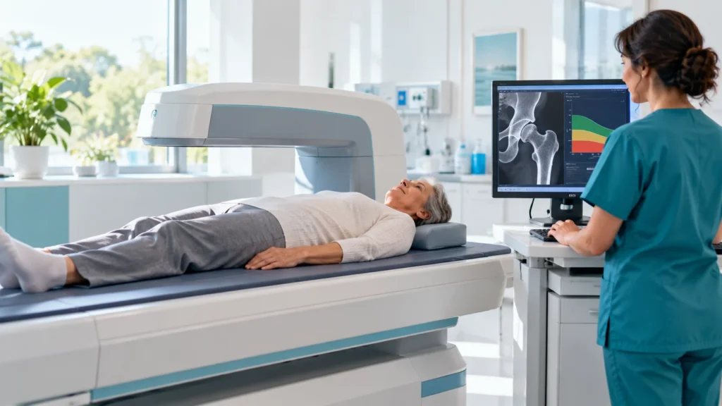 DEXA cihazında sırt üstü yatan orta yaşlı bir kadında kemik yoğunluğu ölçümü yapılırken monitörde kalça görüntüsü