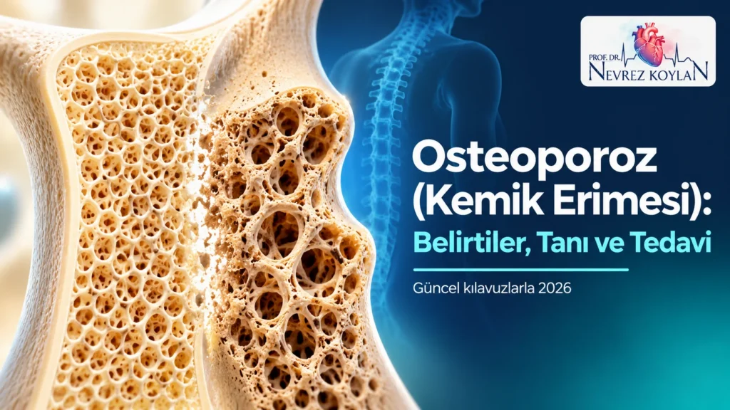 Osteoporoz (kemik erimesi) kapak görseli: sağlıklı ve gözenekli kemik dokusunun karşılaştırması, Prof. Dr. Nevrez Koylan logosu