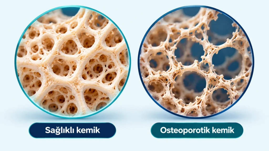 Sağlıklı kemiğin yoğun bal peteği yapısı ile osteoporozda gözenekleri büyümüş, incelmiş kemik dokusunun yan yana karşılaştırması