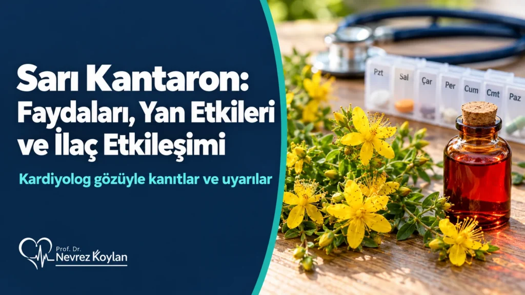 Sarı kantaron faydaları, yan etkileri ve ilaç etkileşimi – sarı kantaron çiçekleri, kantaron yağı ve kalp ilaçları içeren kapak görseli