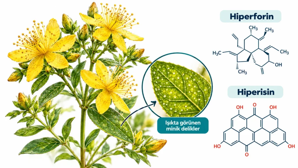 Sarı kantaron (Hypericum perforatum) bitkisi, ışığa tutulan delikli yaprağı ve hiperforin ile hiperisin bileşenleri