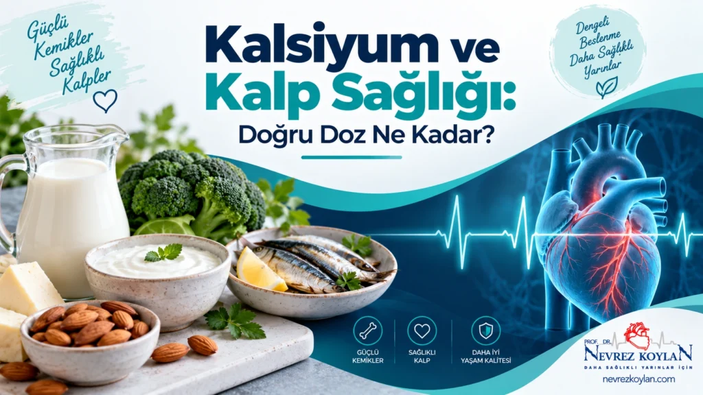 Kalsiyum ve kalp sağlığı ilişkisini anlatan blog kapak görseli — kalsiyum açısından zengin besinler ve kalp sembolü