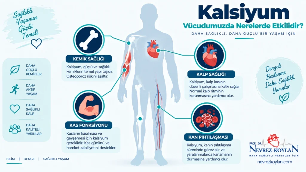 Kalsiyumun kemik, kas, kalp ve kan pıhtılaşmasındaki rolünü gösteren infografik